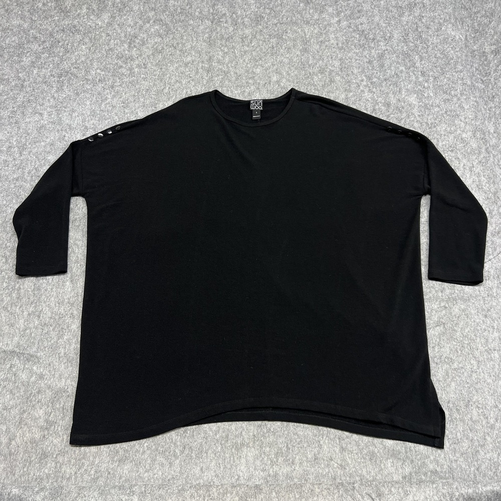 Clara Sunwoo Pullover Womens Large Black Button Shoulder 3/4 Sleeve Made USA